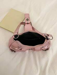 1 pièce Sac à bandoulière femme rétro punk avec rivets décoratifs, grande capacité, souple et dégradé. Réglable à l'épaule, convient pour le travail, les déplacements, les sorties et les fêtes - Or rose - Voir 8