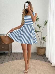 Vestido camisola con lazo frontal a rayas casual para mujer, vestidos de verano para vacaciones, vestidos de verano europeos, vestidos fluidos de streetwear casual para mujer - Azul y blanco - Ver 4
