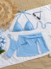 Set de 3 piezas de bikini con estampado de lunares para vacaciones en la playa - Celeste - Ver 3