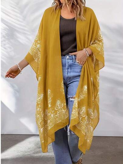 كارديجان كيمونو طويل أصفر بوهيمي أنيق للنساء، غطاء شيفون نصف كم، طراز كاجوال خفيف الوزن لملابس المهرجانات والعطلات والشاطئ