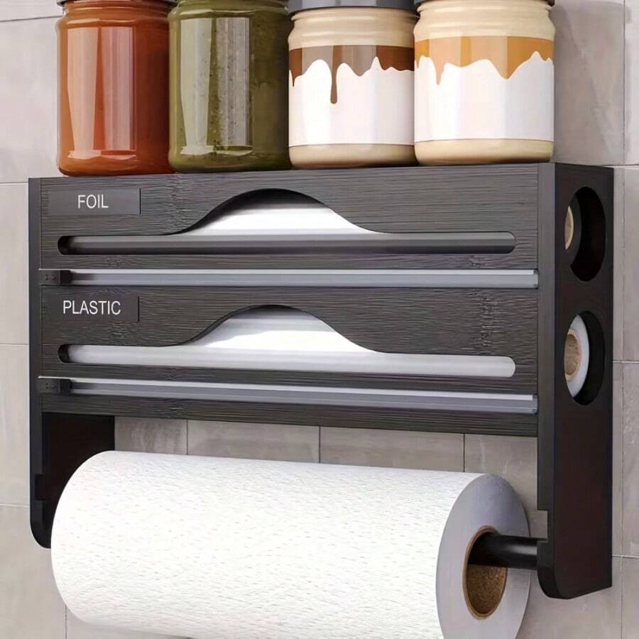 1pc Kitchen Drawer With Cutter And Packaging Dispenser (Film Not Included), 5-Compartment Kitchen Drawer Organizer Box For Sandwich & Snack Bags, Cling Film Dispenser & Cutter, Aluminum Plastic & Food Packaging Storage Container, Suitable For Wall-Mounted Organization