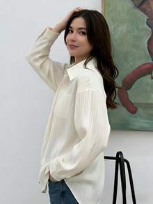 女士时尚甜美可爱休闲宽松长袖衬衫 - 杏色 - 查看 5