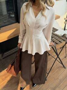 Women's Autumn/Winter New Waist Cinched A-Line Long Sleeve Shirt,Summer Top - 杏色 - 查看 1