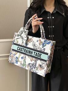 This Butterfly Print Canvas Tote Bag Is A Multi-Functional, Casual, And Fashionable Handbag For Women. It Comes With A Scarf Decoration And Is Available In Different Sizes. It Is Very Suitable For Shopping, Going To Work, School, Or Short-Distance Travel. - White - View 7