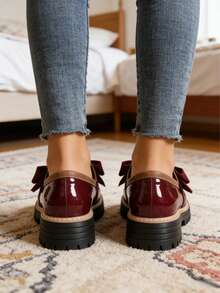 New Arrival Wine Red Bow Decor Patent Leather Platform Loafers, Vintage Preppy Non Slip Chunky Sole Daily Work Shoes For Ladies - 酒紅色 - 查看 5
