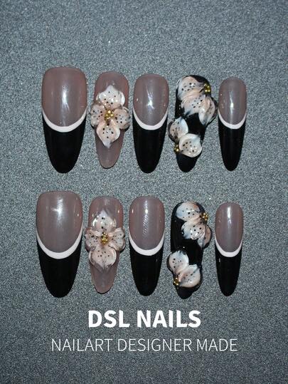 10pcs/Set Of Handcrafted Nail Art, Original French-Style Light Luxury Milk-White Flower Wearable Nail Art, Classic Three-Dimensional Relief Ice-Clear Flowers, Black Dot Flower Petal Texture, Y2K Millennium Hot Girl Style, Cute Style, Hand-Drawn Style, Suitable For Use At Parties, Weddings, And For Everyday Wear. Comes With A Tool Kit. An Excellent Gift For Women And Girls For Nail Care Products.