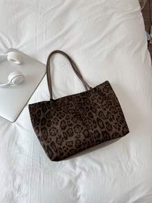 Un nuevo bolso de mujer, bolso de mano grande de estilo retro con estampado de leopardo. Apertura con cremallera, bolso de hombro minimalista y ligero. Adecuado para el uso diario, el ocio, los desplazamientos, el trabajo y los estudiantes. Bolso de mujer con estampado de leopardo, regreso del estampado animal, bolso de mujer con estampado vintage, bolsos de mano para mujer, artículos esenciales para la universidad - Marrón - Ver 6