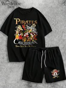 Disney Licensed Short-Sleeve Printed T-Shirt And Shorts Set, Men's Two-Piece Set, Featuring A Cartoon Print Of Mickey Mouse Family In A Nautical Pirate Outfit. Suitable For Family Outings And Vacations. Unisex. Comfortable And Breathable. - 黑色 - 查看 2