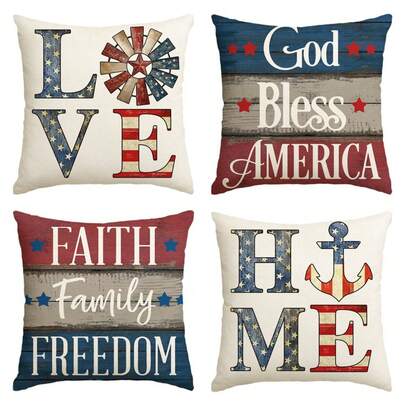 God Bless America Throw Pillow Covers 18x18 Set Of 4, Faith Family Freedom 4th Of July Independence Memorial Day Patriotic Decorations For Sofa Couch
