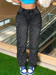 Women's Y2K Black Denim Jeans With Patched Details, Straight Leg Long Casual Pants, Fashion Party Style - Grey - View 3