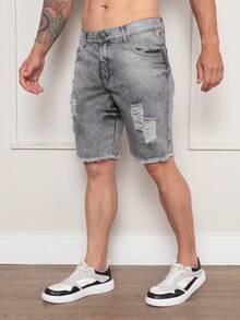 Men's Colorful Ripped Denim Shorts - Gris - Ver 3