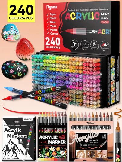 8-240pcs Acrylic Marker Pens, Water-Based Soft Tip Markers, 1-240 Color Set, Suitable For Art Students DIY, Rock Painting, Calligraphy, Paper Cutting, Handwriting, Card Making, Black Cardboard, Wood, Plastic, Canvas, Suitable For Students And Office Workers