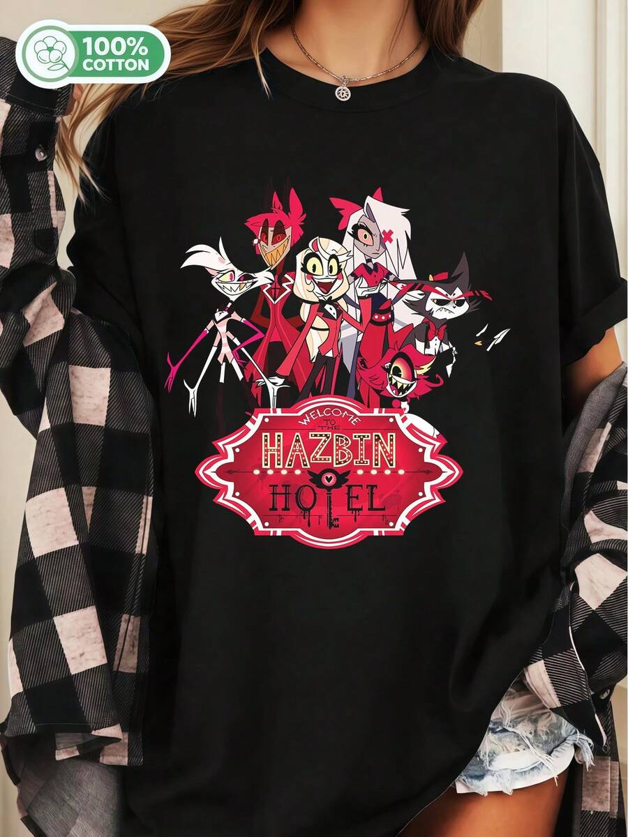 Cartoon Characters T Shirt, 100% Cotton Casual Unisex Tee, Animated Series Graphic Top For Fans - Black - View 1