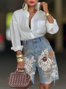Women's Designer Lace Floral Ripped Denim Shorts, , 3D Floral High-Waisted Denim Capri Pants. - 藍色 - 查看 4