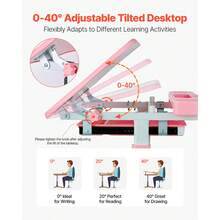 Kids Study Chair And Desk Set, Study Desk And Chair For Kids With Table Lamp, Adjustable Height & 0-40° Tilted Desktop Kids Desk And Chair, Children Study Table For Bedroom & Study Room, Pink - 20.5-30.3 Inch Pink - View 3