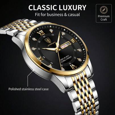  POEDAGAR 1 Piece Of Fashionable Men's Wristwatch, Simple Black Dial Featuring Date And Calendar Display, Stainless Steel Strap, Non-Fading, 30 Meters Of Water Resistance, Luminous Hands, Roman Numerals Combined With Rhinestone Graduations, High-Quality Quartz Watch, Brand-New Luxurious Men's Classic Business Watch
