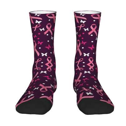 1 par de calcetines de compresión divertidos y alegres para hombres con estampado de cinta rosa, conciencia del cáncer de mama, estilo retro Harajuku, Hip Hop, patrón novedoso, regalo de calcetines locos estampados