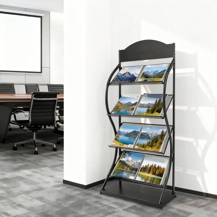 Floor-Standing Magazine Rack Information Rack Storage Rack Newspaper Rack Display Rack Manual Book Rack Single Page Simple Iron (Black) - 1PC - View 1