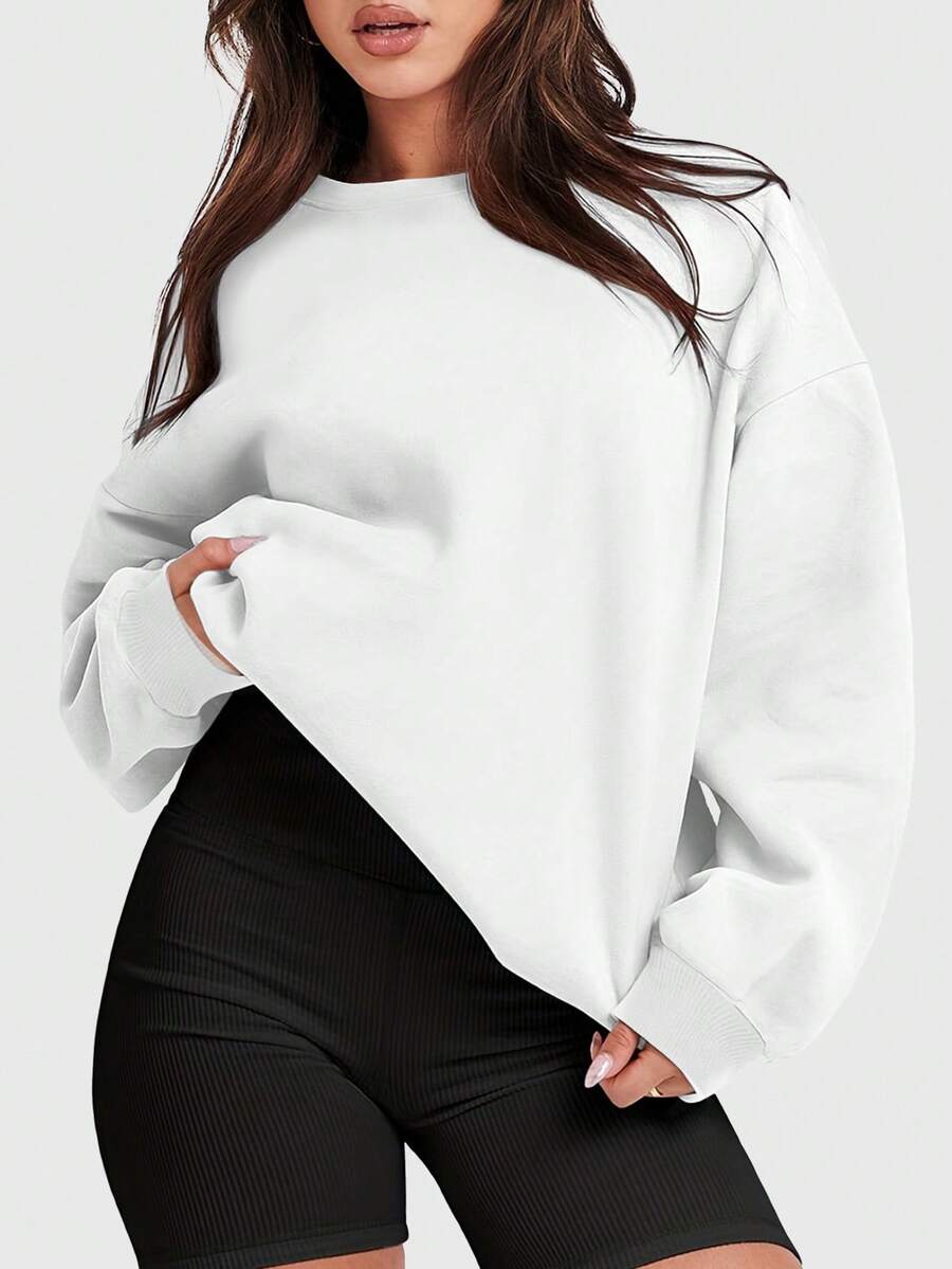 Speed mate Women's Loose Drop Shoulder Sweatshirt - Solid Color Long Sleeve Crew Neck Pullover, Suitable For Spring And Autumn | Casual Loose Fit Sports Sweatshirt - White - View 1