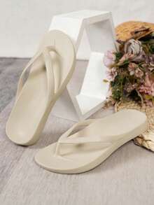 Light Luxury Couple Flip Flops, Solid Color Soft Toe-Post Sandals, Summer Slides, Suitable For Beach, Bathroom And Daily Wear - Khaki - View 6