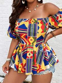 2026 Spring Plus Size Women's Geometric Print Off-Shoulder Short Sleeve Casual Vacation Top, Fashionable & Slimming Summer - Multicolor - View 1