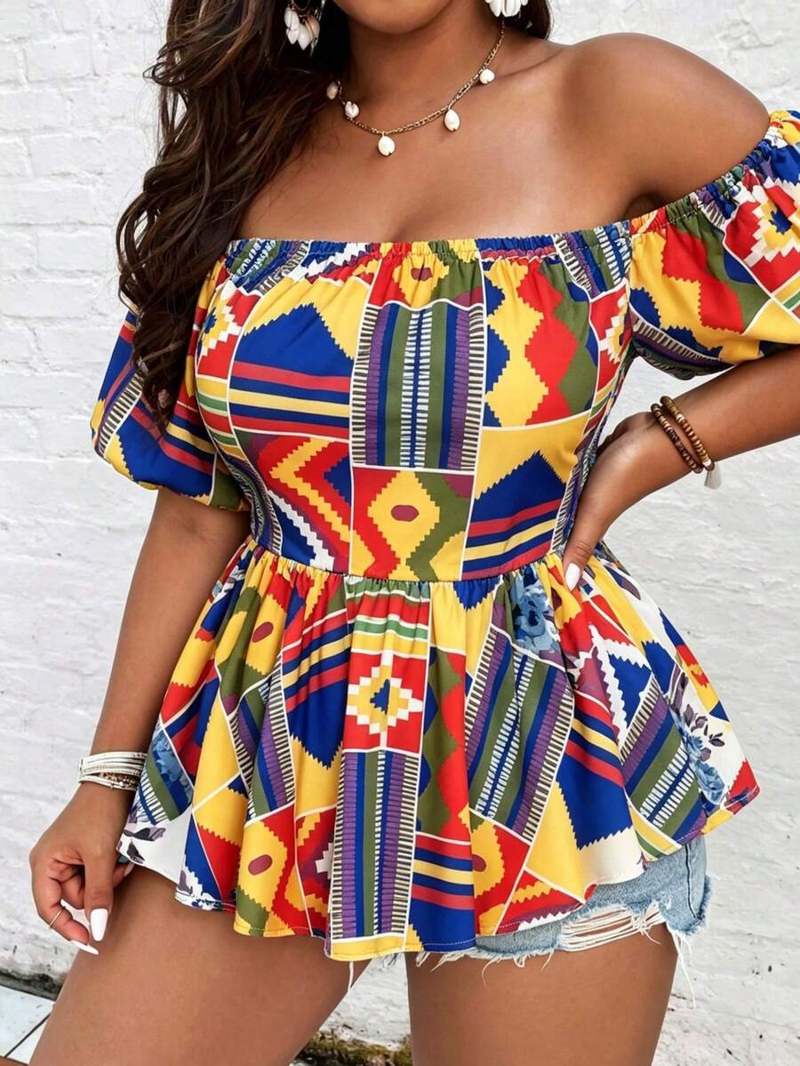 2026 Spring Plus Size Women's Geometric Print Off-Shoulder Short Sleeve Casual Vacation Top, Fashionable & Slimming Summer - Multicolor - View 1