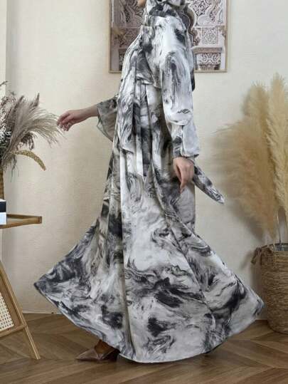 1 set Hijab + Abaya ouverte, foulard à imprimé aquarelle, respirant et agréable pour la peau, design classique et polyvalent pour les femmes musulmanes, convient pour toutes les saisons