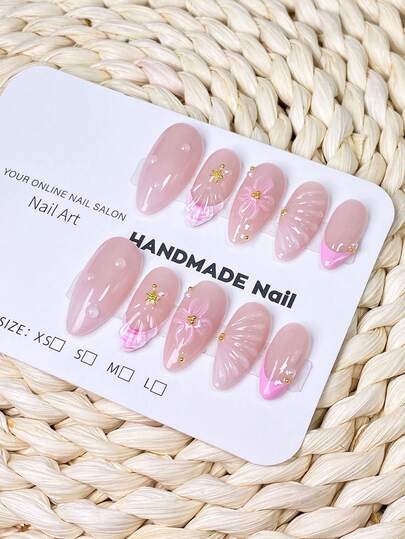 10pcs Handmade Nail Stickers, Pink Sakura Shell Pattern French 3D Pearl Gold Decor Almond Nail Art, Reusable With Tool Kit