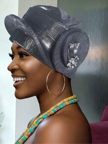 1pc Easy Wear Nigerian Gele Turban, Gold Pleated Pre-Made Headwrap For Everyday - D - View 9