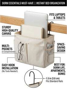 Space-Saving Bedside Storage Caddy With Sturdy Iron Hooks Durable Canvas Hanging Organizer For College Students And Dorm Life Aesthetic Dormitory Bedside Bag To Hold Tablet Books Remote Control And Phone For Bunk Bed Rails Couch And Desks Bedroom Storage Dorm Essentials Home Accessories - 彩色 - 查看 3