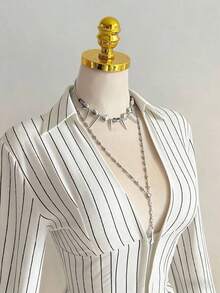 1pc Black V-Neck Striped Collar Slim Fit Button-Up Long Sleeve Sexy Blouse For Commute & Daily Wear, Winter - 白色 - 查看 7