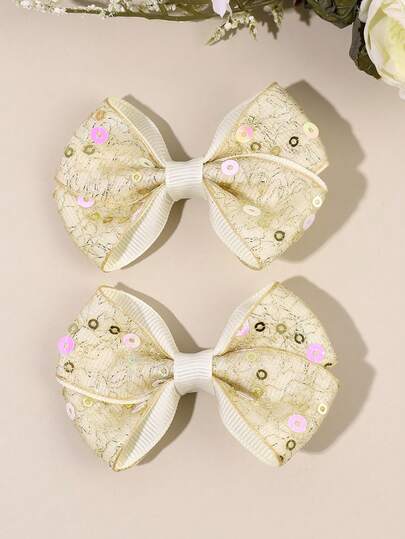 2pcs Cute Beige Gold Embroidered Tulle Hair Bows For Girls,Sweet Sequins Decor Fashion Hair Barrettes, Alligator Clips & Hair Clips,Birthday, Party,Daily Wear Hair Accessories