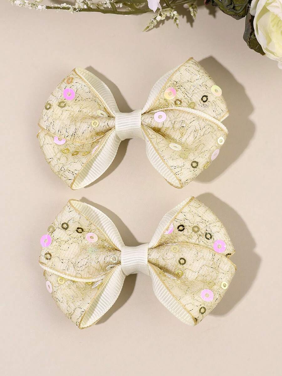 2 piezas Lazos para el cabello de niña con bordado dorado y beige en tul, accesorios de moda con decoración de lentejuelas, pinzas de cocodrilo y pasadores para el cabello, para uso diario, fiestas y cumpleaños - Multicolor - Ver 1