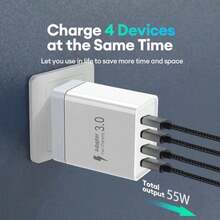 55W 超快四口充电器 – 2 个 USB-A 接口 + 2 个 USB-C 接口，可选配 100 厘米（3.3 英尺）长的连接线，包括 USB-C 转 Lightning 和 USB-A 转 USB-C 两种规格。多种连接线可选，完全兼容 17/16/15/14/13/12 系列以及三星 Galaxy S25/S24/S23/S22 系列。非常适合居家、办公和旅行使用。 - 美規A型插(110-127V) - 查看 8