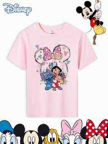 Disney Children's T-Shirt With A"Stitch And Lilo "Cartoon Character Print. The Fabric Is Soft, Comfortable, And Durable. This Is A Versatile Round-Neck T-Shirt For Girls, Suitable For Spring, Summer, And Autumn. It's Perfect For Everyday Wear, Playtime, Summer Vacations, And Also Makes A Great Everyday Outfit Or Gift. - 粉色 - 查看 2