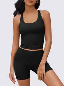 Women's Black Woven Fabric Two-Piece Set With Criss-Cross Back Crop Top And High-Waisted Biker Shorts, Medium Stretch For Activewear - 黑色 - 查看 4