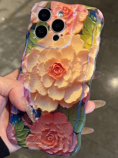 蓝光油画花卉绿叶粉色花朵手机壳，兼容苹果17/17Air/17Pro/17ProMax/16/16Pro/16Plus/16ProMax/15 Pro Max/15 Pro/15/14 Pro Max/14 Pro/14/13 Pro Max/13 Pro/13/12 Pro Max/12 Pro/15/15 Pro Max，波浪边