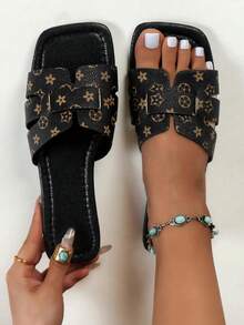 MICCOM Teen Girls Square Toe Flat Sandals Fashion Summer Beach Slides - Black - View 2