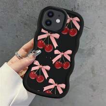 Étui de téléphone à bord ondulé Macaron avec nœud, motif cerise, design minimaliste résistant à la saleté, convient pour Galaxy S22/23, /Honor X/HW/ C53 C55, iPhone17, antichoc et prise en main confortable, étui de téléphone X7B 4G, idéal pour un usage quotidien - Noir - Voir 2