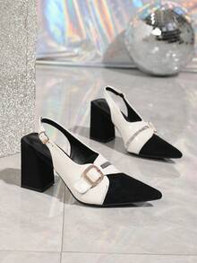 Sandalen mit Strass-Schnalle und spitzer Zehenpartie, Blockabsatz, Schwarz-Weiß Farbblock Pendler High Heels für Frauen - Schwarz und Weiss - Übersicht 5