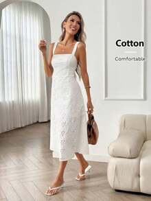 Cotton White Embroidered Sleeveless A-Line Midi Dress, Suitable For Romantic Vacation, Countryside, Wedding, Brunch With Friends, Valentine's Day, Easter, Multi-Occasion Wear Summer Dress Summer Holiday Outfits Spring Dress Women Spring Break Outfits Valentines Day Dress Party Dress Beach Dress Wedding Guest Dress For Women Elegant Dresses For Women Vacation Outfits Women White Dress Vacation/Boho/Sexy Tummy Control Summer Dress Cottagecore Dress White Sundress For Women - trắng - Xem 7