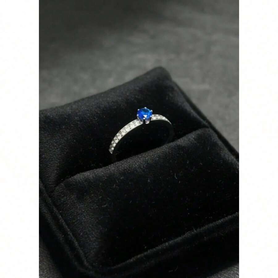 Stainless Steel Silver Solitaire/Stacking Ring With Colored Zirconia Stone, 4mm, For Graduation Or Debutante Parties. - Blue - View 1