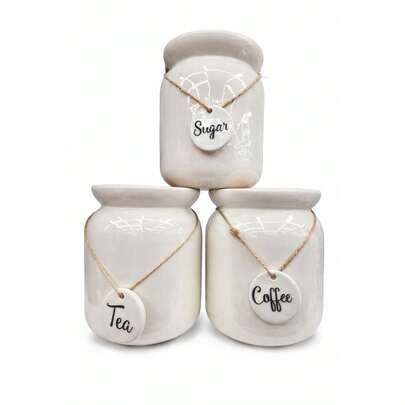 Ceramic Tea Coffee Sugar Canister Set | Kitchen Storage Jars With Hanging Labels