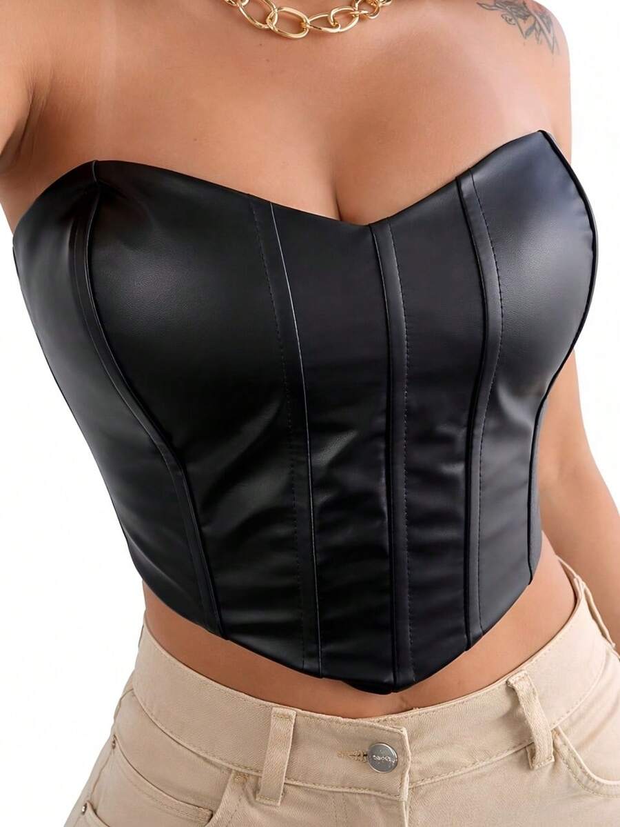 Cropped Leather Corset With Padded Cups And Back Ties - 黑色 - 查看 1