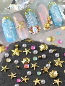 1袋海洋主題合金海星貝殼美人魚珠飾美甲飾品 Y2K 金屬美甲鉚釘 平底珍珠 金色珠子 夏季海灘度假美甲鑽飾 美甲用品 - 彩色 - 查看 5