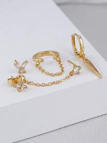 4Pcs Butterfly Layered Earring For Women, Golden Dangle Drop Earrings With Chain, Cute Zirconia Cartilage Stud Jewelry Pack - Yellow Gold - View 3