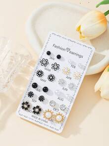 12 Pairs Elegant Minimalist Flower & Ball Stud Earrings Set, Suitable For Party, Gathering, Outdoor Wear - Multicolor - View 4