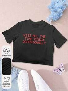 女款 Y2K 風格「Always Kissing, Occasionally Partying」圖案圓領短袖休閒夏季短版上衣 黑色，Harry 專輯巡演演唱會周邊 T 恤 - 黑色 - 查看 3