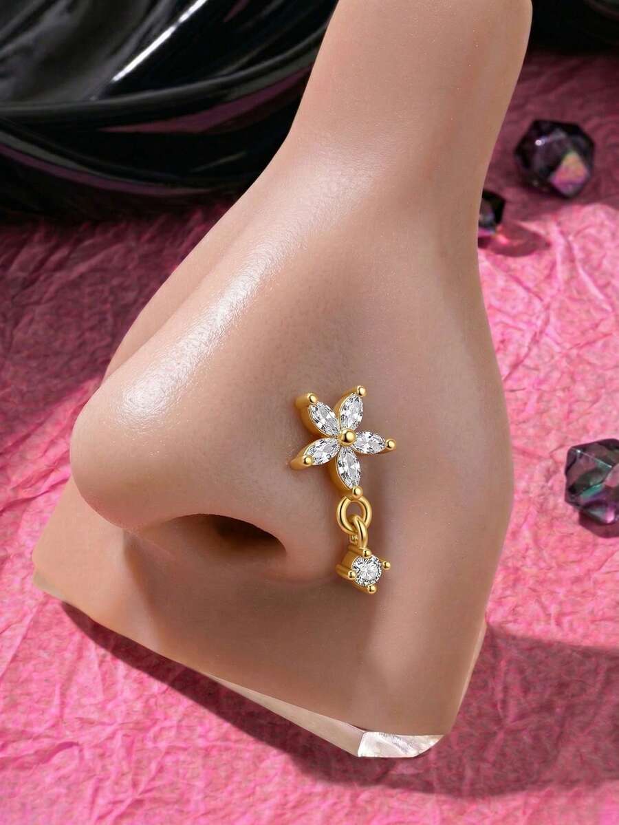 Y2K金女士鼻环耳钉 20G不锈钢L型鼻环，精致垂坠式鼻部穿孔饰品 CZ蝴蝶鼻钉 - 金色 - 查看 1