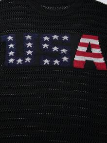 Spring/Summer Men's Unisex American Retro USA Letter Pattern Casual Hollow Out Loose Street Style Versatile Commuter Short Sleeve Knit Top Black Sweater - Black - View 5
